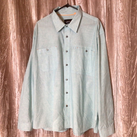 ORVIS XXL Linen Button Down Shirt Coastal Tidal Green Blue Work Church Big Tall - Picture 6 of 7